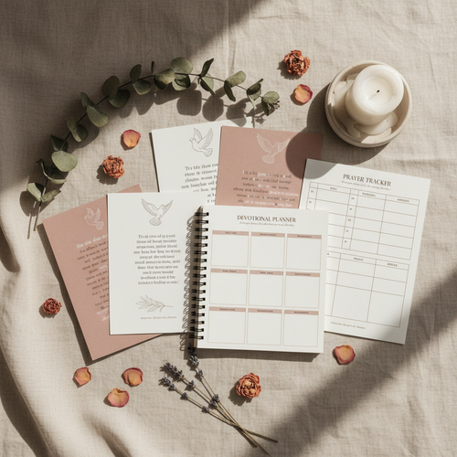 Faith & Reflection Bundle — scripture journal, devotional planner and prayer tracker flat lay