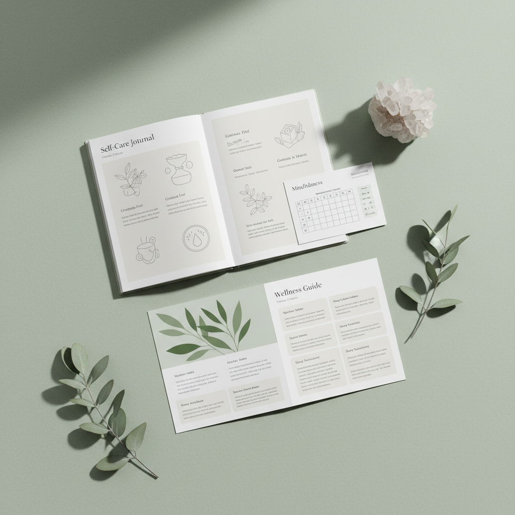 Wellness Essentials Bundle — self-care journal, mindfulness tracker and wellness guide flat lay